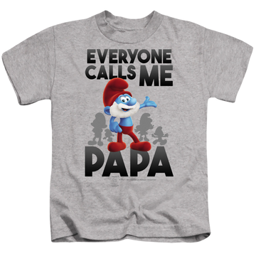 Athletic heather kid's t-shirt for ages 4 to 7 with The Smurfs Call Me Papa Smurf graphic
