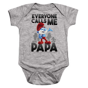 Athletic heather baby bodysuit with The Smurfs Call Me Papa Smurf graphic