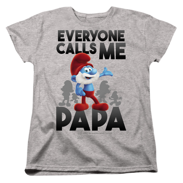 Athletic heather women's t-shirt with The Smurfs Call Me Papa Smurf graphic