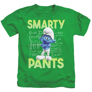 Kelly green kid's t-shirt for ages 4 to 7 with The Smurfs Brainy graphic