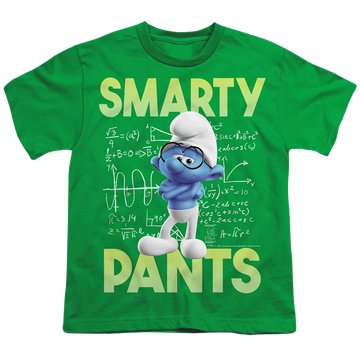 Kelly green youth t-shirt for ages 8 to 12 with The Smurfs Brainy graphic