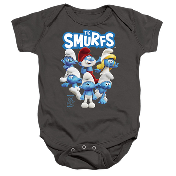 Charcoal baby bodysuit with The Smurfs Group Shot graphic
