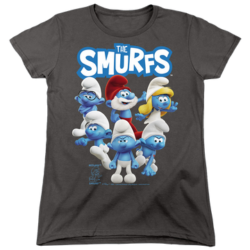 Charcoal women's t-shirt with The Smurfs Group Shot graphic