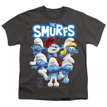 Charcoal youth t-shirt for ages 8 to 12 with The Smurfs Group Shot graphic