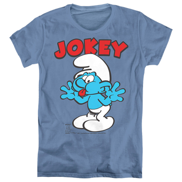 Carolina blue women's t-shirt with The Smurfs Jokey graphic