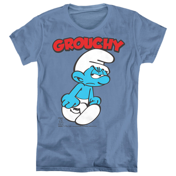 Carolina blue women's t-shirt with The Smurfs Grouchy graphic