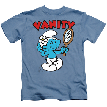 Carolina blue kid's t-shirt for ages 4 to 7 with The Smurfs Vanity graphic