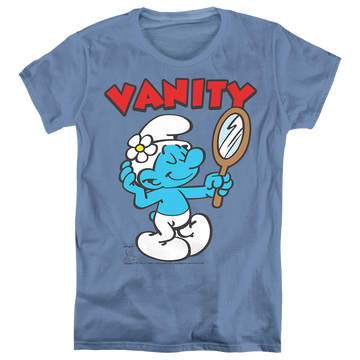 Carolina blue women's t-shirt with The Smurfs Vanity graphic