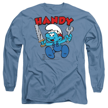 Carolina blue men's long sleeve t-shirt with The Smurfs Handy graphic