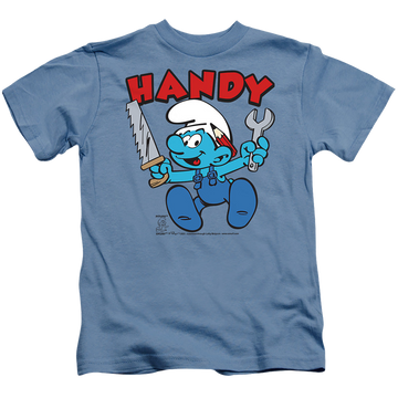 Carolina blue kid's t-shirt for ages 4 to 7 with The Smurfs Handy graphic