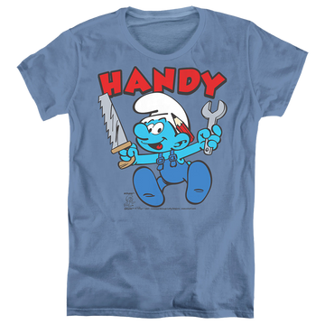 Carolina blue women's t-shirt with The Smurfs Handy graphic