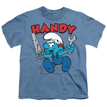 Carolina blue youth t-shirt for ages 8 to 12 with The Smurfs Handy graphic