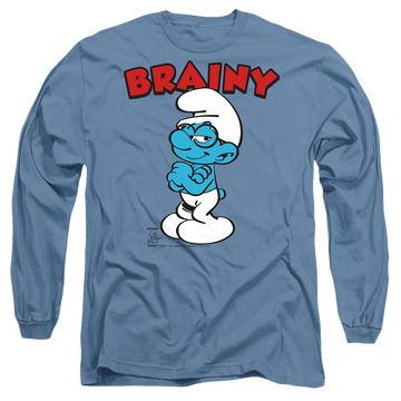 Carolina blue men's long sleeve t-shirt with The Smurfs Brainy graphic