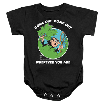 Black baby bodysuit with The Smurfs Gargamel graphic