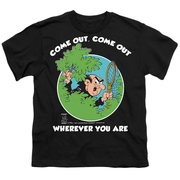 Black youth t-shirt for ages 8 to 12 with The Smurfs Gargamel graphic