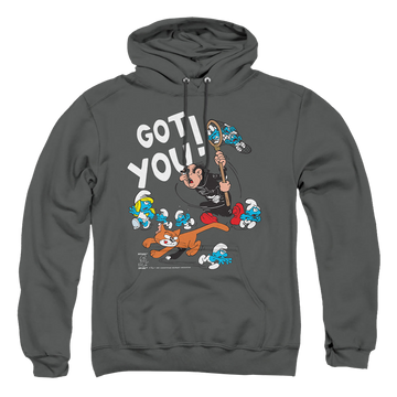 Charcoal pullover hoodie with The Smurfs Gargamel And Azrael graphic
