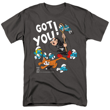 Charcoal men's regular fit t-shirt with The Smurfs Gargamel And Azrael graphic