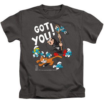 Charcoal kid's t-shirt for ages 4 to 7 with The Smurfs Gargamel And Azrael graphic