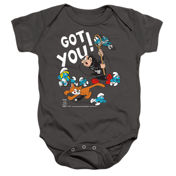 Charcoal baby bodysuit with The Smurfs Gargamel And Azrael graphic