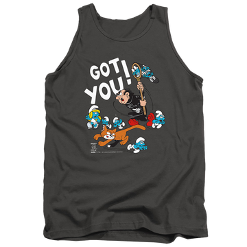 Charcoal men's tank with The Smurfs Gargamel And Azrael graphic