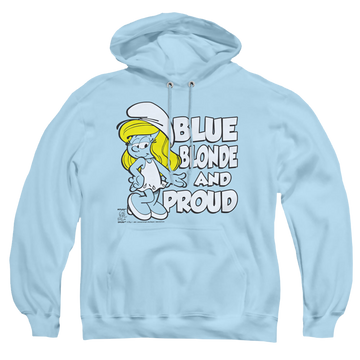 Light blue pullover hoodie with The Smurfs Blue, Blonde And Proud graphic