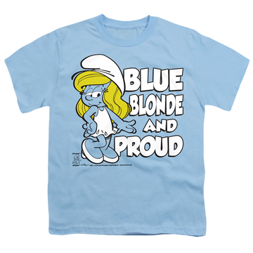 Light blue youth t-shirt for ages 8 to 12 with The Smurfs Blue, Blonde And Proud graphic
