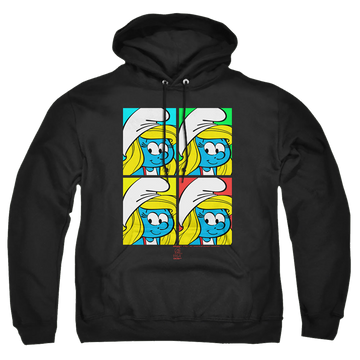 Black pullover hoodie with The Smurfs Tiles graphic