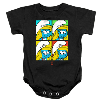 Black baby bodysuit with The Smurfs Tiles graphic