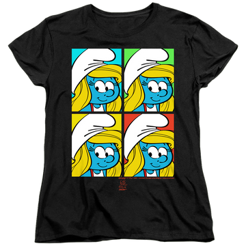Black women's t-shirt with The Smurfs Tiles graphic