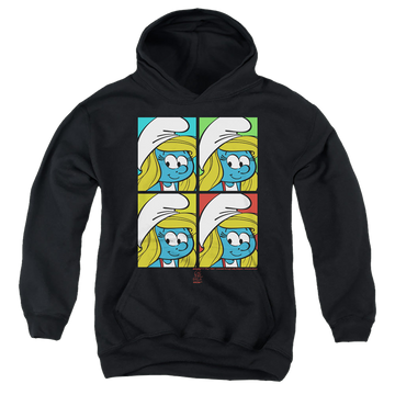 Black youth hoodie for ages 8 to 12 with The Smurfs Tiles graphic