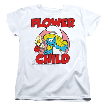 White women's t-shirt with The Smurfs Flower Child graphic