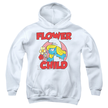White youth hoodie for ages 8 to 12 with The Smurfs Flower Child graphic