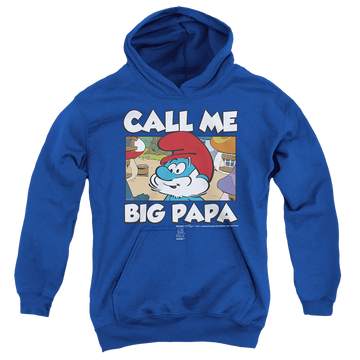Royal youth hoodie for ages 8 to 12 with The Smurfs Call Me Big Papa graphic