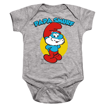 Athletic heather baby bodysuit with The Smurfs Papa Smurf graphic
