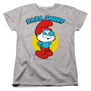 Athletic heather women's t-shirt with The Smurfs Papa Smurf graphic