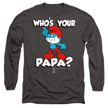 Charcoal men's long sleeve t-shirt with The Smurfs Who's Your Papa? graphic