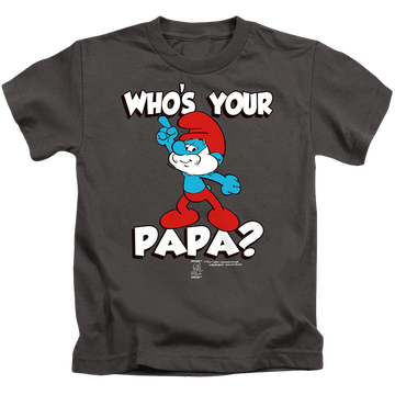 Charcoal kid's t-shirt for ages 4 to 7 with The Smurfs Who's Your Papa? graphic