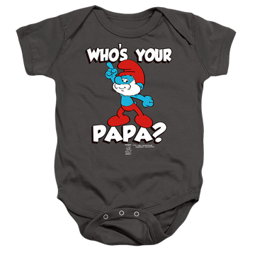 Charcoal baby bodysuit with The Smurfs Who's Your Papa? graphic