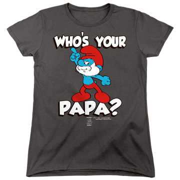 Charcoal women's t-shirt with The Smurfs Who's Your Papa? graphic
