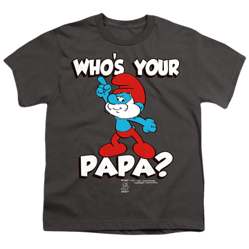 Charcoal youth t-shirt for ages 8 to 12 with The Smurfs Who's Your Papa? graphic