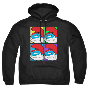 Black pullover hoodie with The Smurfs Tiles graphic