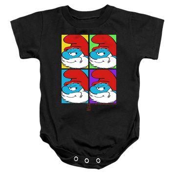 Black baby bodysuit with The Smurfs Tiles graphic