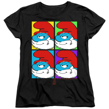 Black women's t-shirt with The Smurfs Tiles graphic