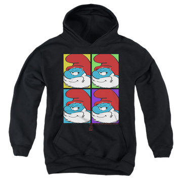 Black youth hoodie for ages 8 to 12 with The Smurfs Tiles graphic