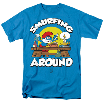 Turquoise men's regular fit t-shirt with The Smurfs Papa Scene graphic
