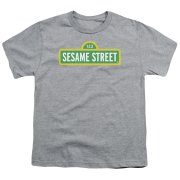 Athletic heather youth t-shirt for ages 8 to 12 with Sesame Street Logo graphic