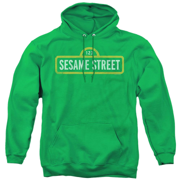 Kelly green pullover hoodie with Sesame Street Rough Logo graphic