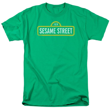 Kelly green men's regular fit t-shirt with Sesame Street Rough Logo graphic