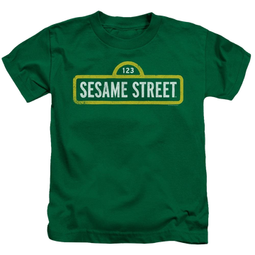 Kelly green kid's t-shirt for ages 4 to 7 with Sesame Street Rough Logo graphic