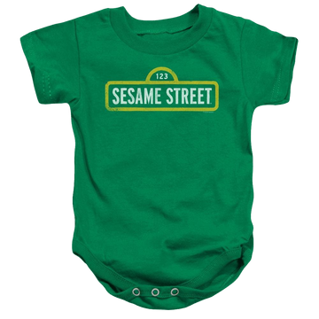 Kelly green baby bodysuit with Sesame Street Rough Logo graphic
